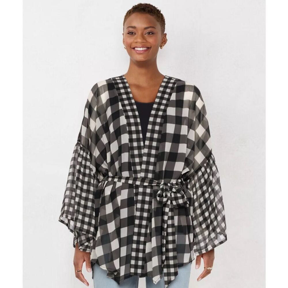 LC Lauren Conrad Black White Checkered Gingham Bell Sleeve Open Sheer Blouse‎ OS
